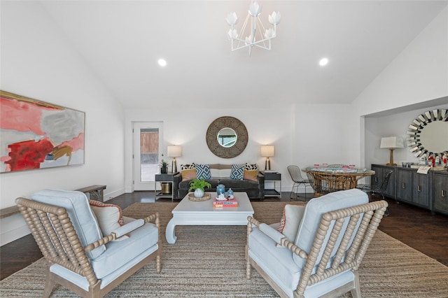 4209 Westmont Ct, Fort Worth, TX 76109 - living area featuring a chandelier, recessed lighting, wood finished floors, high vaulted ceiling, and baseboards