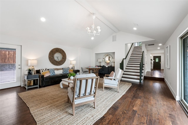4209 Westmont Ct, Fort Worth, TX 76109 - living area with stairway, beamed ceiling, dark wood-style floors, a chandelier, and plenty of natural light