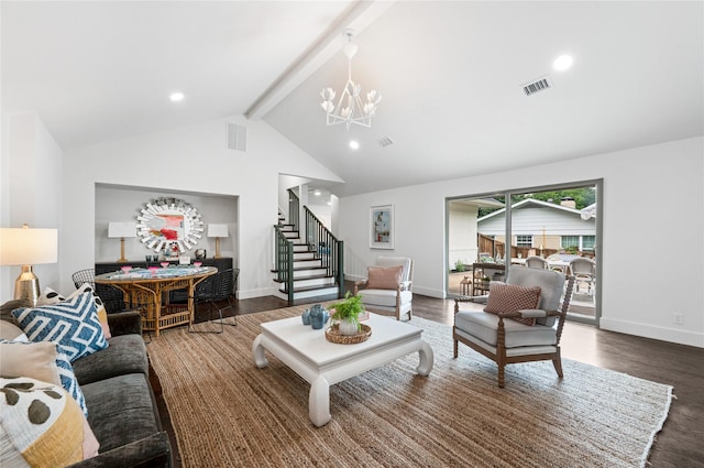 4209 Westmont Ct, Fort Worth, TX 76109 - living area with a chandelier, stairway, beamed ceiling, wood finished floors, and baseboards