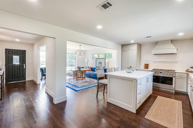 4209 Westmont Ct, Fort Worth, TX 76109 - kitchen with high end stove, custom exhaust hood, light countertops, recessed lighting, and a kitchen island