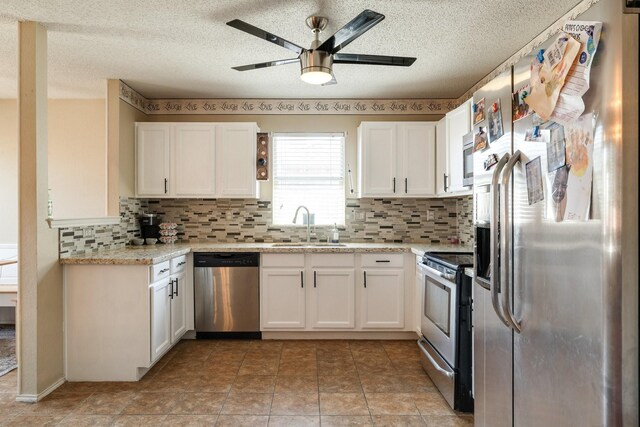 1435 Greenbrook Dr, Rockwall, TX 75032 - kitchen with a sink, appliances with stainless steel finishes, white cabinetry, and a ceiling fan