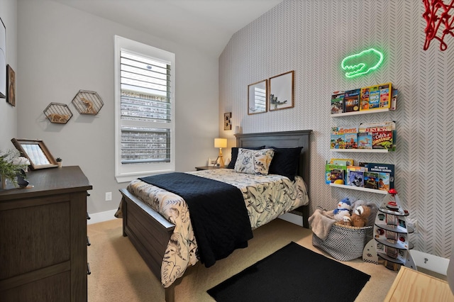 1920 Barnhill Ln, Van Alstyne, TX 75495 - carpeted bedroom with vaulted ceiling, wallpapered walls, and baseboards