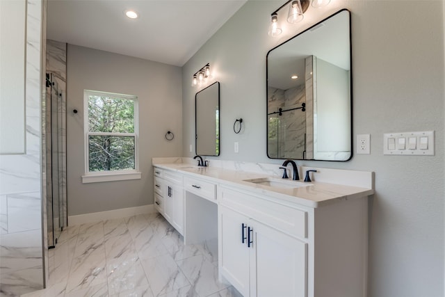 3822 Evergreen Ln, Caddo Mills, TX 75135 - bathroom featuring a marble finish shower, double vanity, baseboards, marble finish floors, and recessed lighting