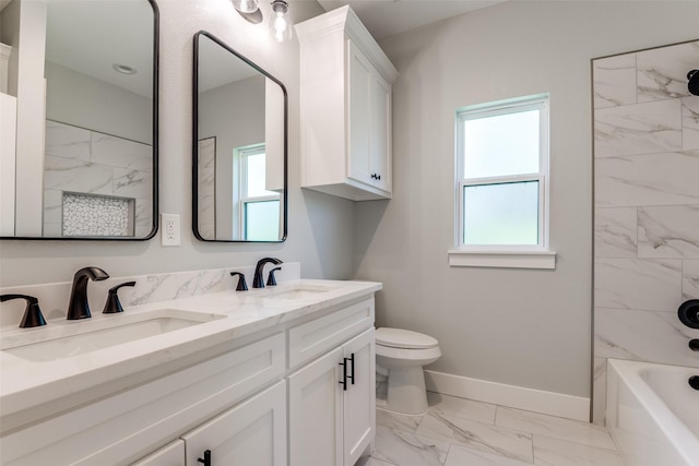 3822 Evergreen Ln, Caddo Mills, TX 75135 - full bath featuring marble look tile flooring, double vanity, toilet, baseboards, and shower / washtub combination