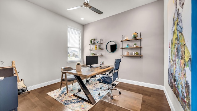 office space with a ceiling fan, baseboards, recessed lighting, and wood finished floors