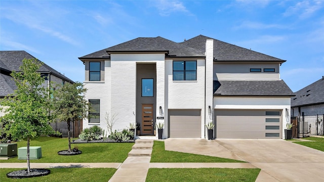 contemporary home with roof with shingles, fence, a front lawn, a garage, and concrete driveway