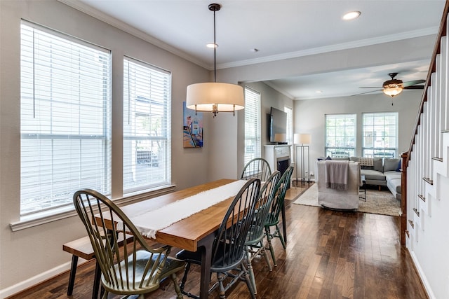 dining room with dark wood-type flooring, baseboards, crown molding, and ceiling fan