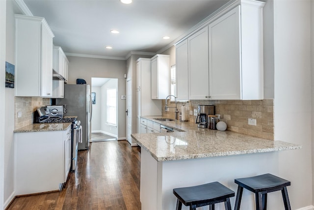 kitchen with a peninsula, light stone countertops, dark wood-type flooring, stainless steel gas stove, and a sink