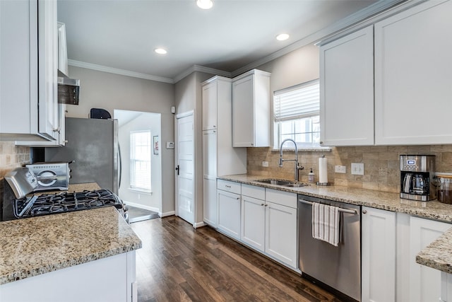 kitchen with white cabinets, a sink, ornamental molding, dark wood-style floors, and stainless steel appliances