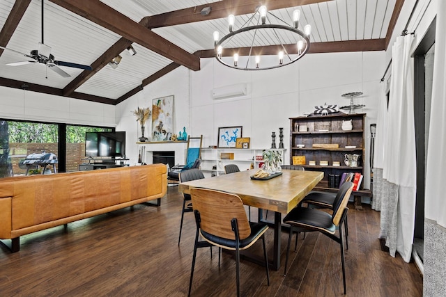 336 Kirk Ave, Pottsboro, TX 75076 - dining space featuring high vaulted ceiling, a wall mounted air conditioner, wood finished floors, ceiling fan with notable chandelier, and beam ceiling