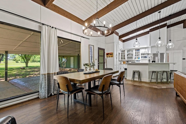 336 Kirk Ave, Pottsboro, TX 75076 - dining space featuring high vaulted ceiling, a notable chandelier, dark wood-type flooring, and beamed ceiling