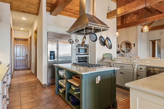 kitchen with stainless steel appliances, light countertops, open shelves, island range hood, and a sink