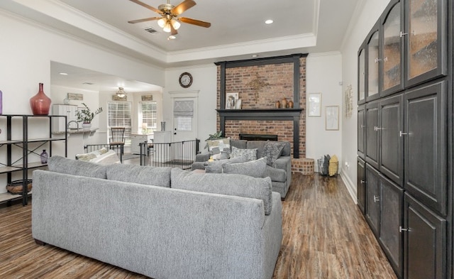living area with dark wood-style floors, a tray ceiling, and a ceiling fan