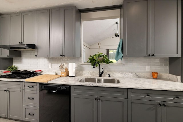 kitchen featuring a sink, gray cabinets, and black appliances