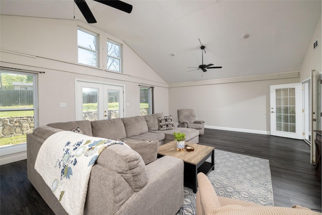 living room featuring a ceiling fan, visible vents, french doors, baseboards, and dark wood-style floors