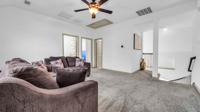 304 Winding Creek Ln, Anna, TX 75409 - carpeted living room with visible vents, baseboards, a ceiling fan, and lofted ceiling