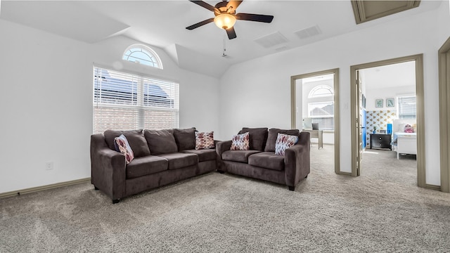 304 Winding Creek Ln, Anna, TX 75409 - carpeted living area featuring ceiling fan, vaulted ceiling, and baseboards