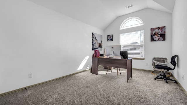 304 Winding Creek Ln, Anna, TX 75409 - carpeted office featuring visible vents, baseboards, and vaulted ceiling