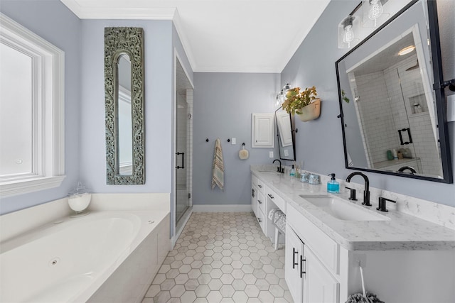 full bath with a shower stall, a bath, a sink, and double vanity