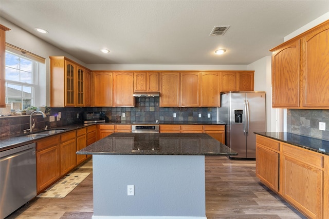 3101 Clear Springs Dr, Forney, TX 75126 - kitchen with visible vents, glass insert cabinets, a sink, wood finished floors, and stainless steel appliances