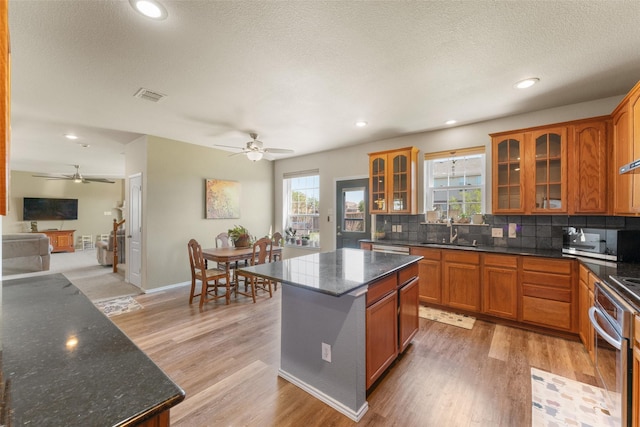 3101 Clear Springs Dr, Forney, TX 75126 - kitchen with a sink, visible vents, light wood-type flooring, and a ceiling fan