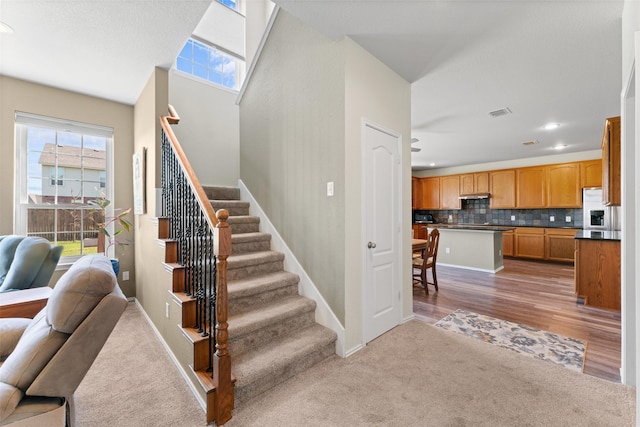 3101 Clear Springs Dr, Forney, TX 75126 - stairs featuring wood finished floors, visible vents, baseboards, and plenty of natural light