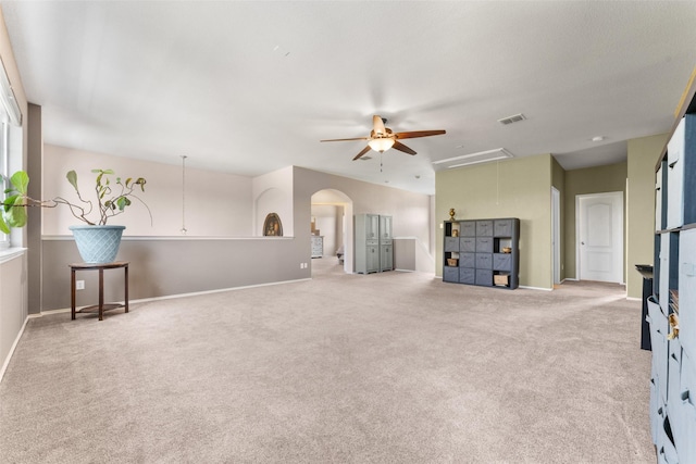 3101 Clear Springs Dr, Forney, TX 75126 - unfurnished living room with a ceiling fan, visible vents, carpet flooring, attic access, and baseboards