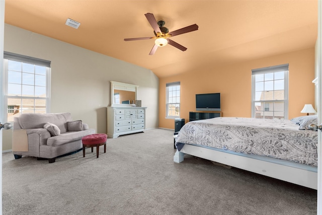 3101 Clear Springs Dr, Forney, TX 75126 - bedroom featuring visible vents, ceiling fan, carpet, and lofted ceiling
