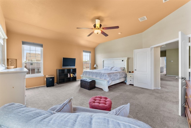 3101 Clear Springs Dr, Forney, TX 75126 - bedroom featuring visible vents, baseboards, a ceiling fan, carpet, and lofted ceiling