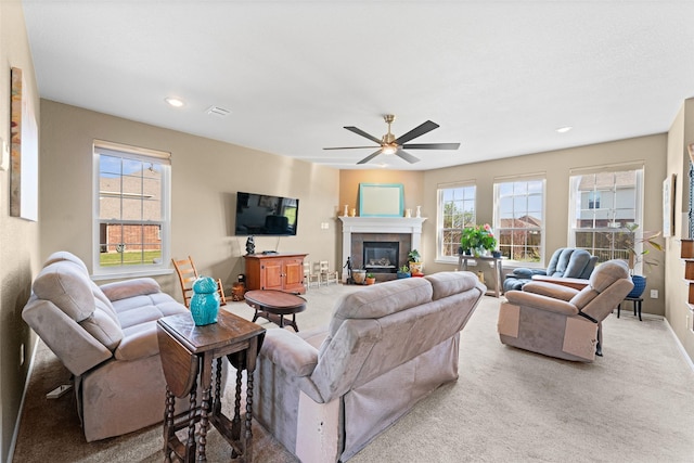 3101 Clear Springs Dr, Forney, TX 75126 - living room featuring baseboards, ceiling fan, a fireplace, carpet floors, and recessed lighting