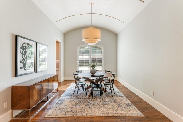 924 Winding Ridge Trl, Southlake, TX 76092 - dining room featuring baseboards, dark wood-style flooring, and vaulted ceiling