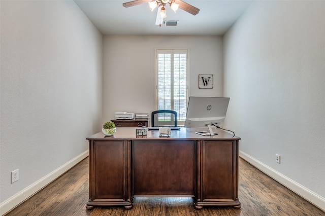office space featuring dark wood-type flooring, ceiling fan, baseboards, and visible vents