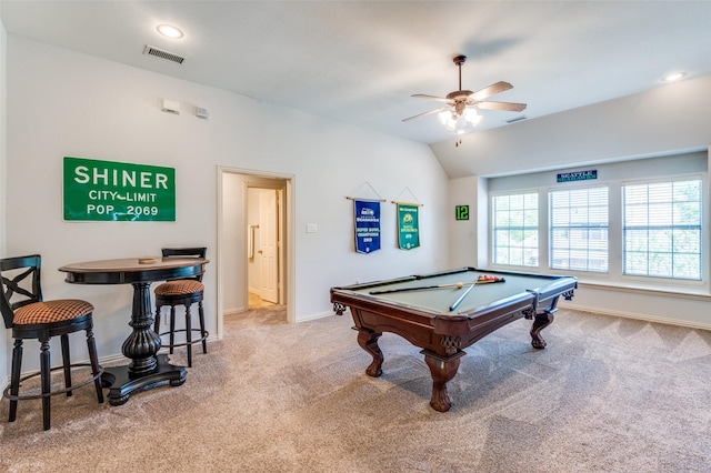 recreation room featuring pool table, a ceiling fan, visible vents, lofted ceiling, and carpet