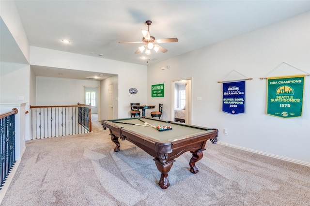rec room with a ceiling fan, recessed lighting, carpet flooring, baseboards, and billiards
