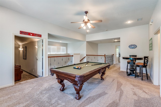 rec room featuring carpet floors, baseboards, and ceiling fan