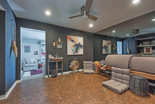 cinema featuring ceiling fan, recessed lighting, and baseboards