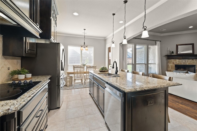 123 Claremont Dr, Ovilla, TX 75154 - kitchen featuring dishwasher, ventilation hood, a sink, crown molding, and black electric cooktop