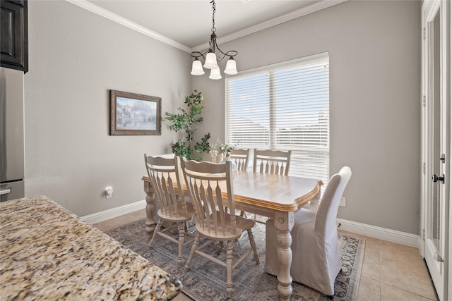 123 Claremont Dr, Ovilla, TX 75154 - dining area with ornamental molding, a chandelier, baseboards, and light tile patterned floors