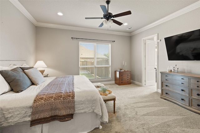 123 Claremont Dr, Ovilla, TX 75154 - carpeted bedroom featuring crown molding, baseboards, recessed lighting, and a ceiling fan