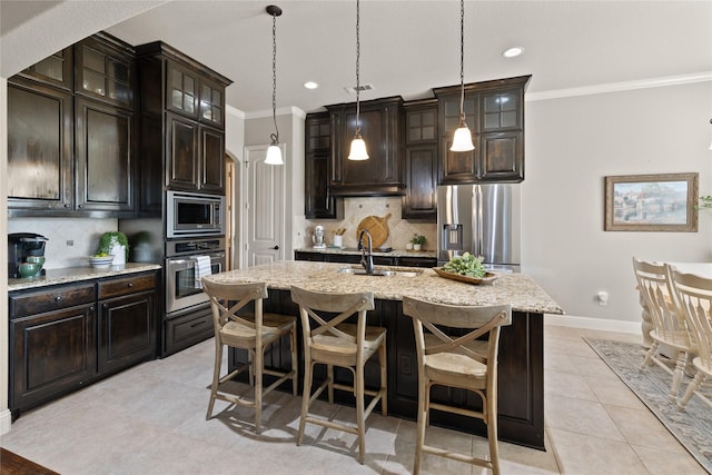 123 Claremont Dr, Ovilla, TX 75154 - kitchen featuring stainless steel appliances, ornamental molding, a sink, decorative backsplash, and baseboards