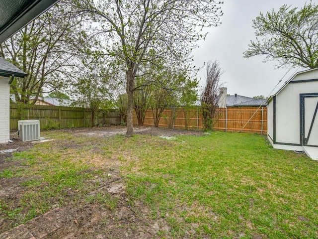 view of yard with central air condition unit and a fenced backyard