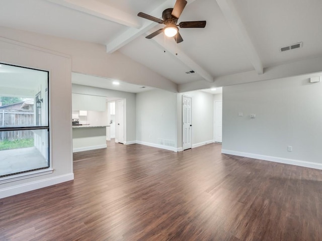 unfurnished living room featuring dark wood-type flooring, visible vents, baseboards, and a ceiling fan