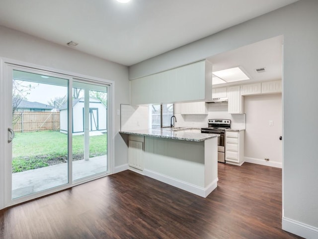kitchen with stainless steel electric range oven, a peninsula, dark wood-style floors, white cabinetry, and light stone counters