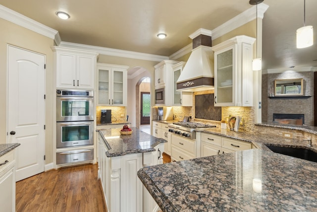 3007 Sunray Valley Ct, Arlington, TX 76012 - kitchen with appliances with stainless steel finishes, a warming drawer, arched walkways, custom range hood, and wood finished floors