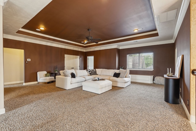 3007 Sunray Valley Ct, Arlington, TX 76012 - living area with a tray ceiling, carpet flooring, ceiling fan, and ornamental molding