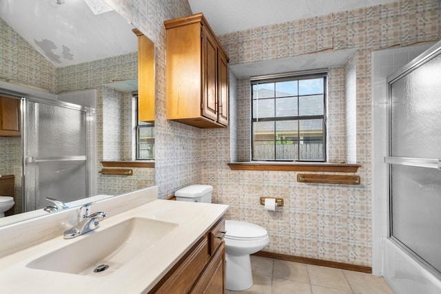 4924 Wolf Creek Trl, Flower Mound, TX 75028 - bathroom with toilet, enclosed tub / shower combo, vanity, tile patterned flooring, and lofted ceiling