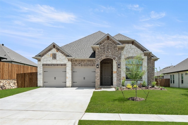 424 Lamb Ln, Waxahachie, TX 75167 - french country style house with driveway, roof with shingles, fence, brick siding, and a front lawn
