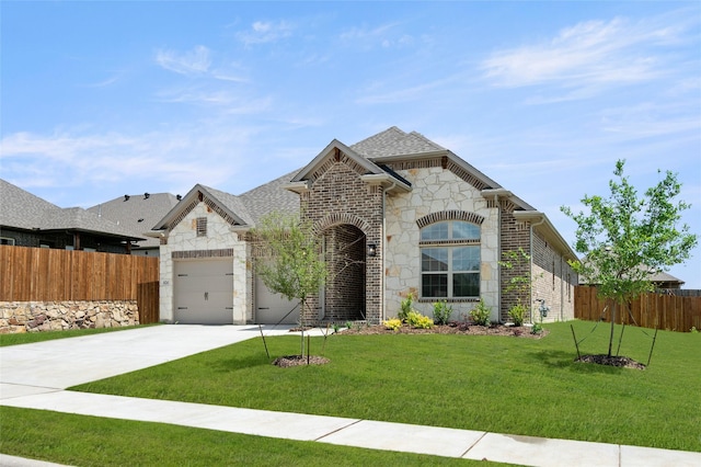 424 Lamb Ln, Waxahachie, TX 75167 - french country home with fence, a garage, driveway, stone siding, and a front yard