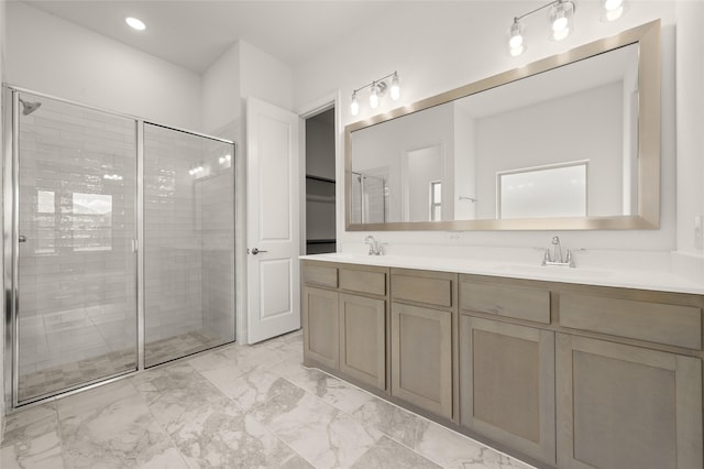 424 Lamb Ln, Waxahachie, TX 75167 - bathroom featuring a shower stall, marble finish floor, double vanity, and a sink