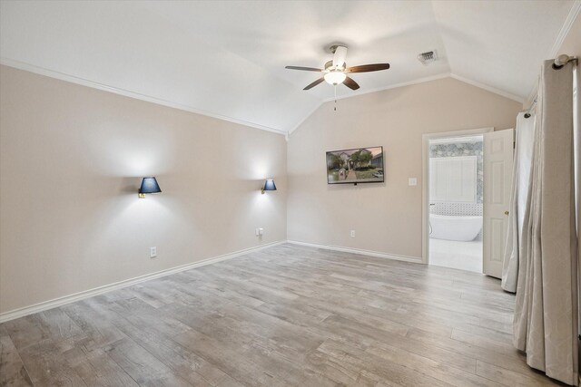 8508 Landing Way Ct, Fort Worth, TX 76179 - unfurnished room featuring a ceiling fan, lofted ceiling, light wood-type flooring, baseboards, and crown molding